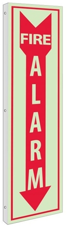 Glow-in-the-Dark FIRE ALARM Sign - 2-Way 90° double sided design visible from either side.