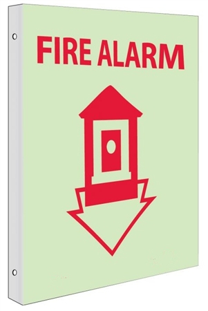 Glow-in-the-Dark FIRE ALARM Sign - 2-Way 90° double sided design visible from either side.