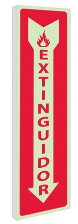 Spanish Glow-in-the-Dark FIRE EXTINGUISHER Sign - 2-Way 90° double sided design visible from either side.