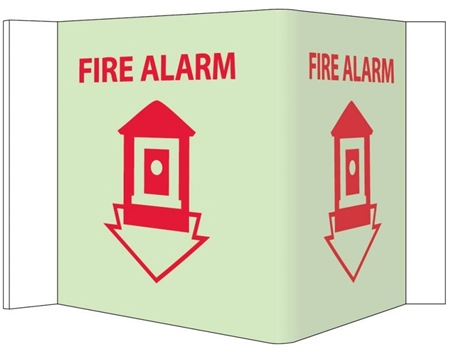 Glow-in-the-Dark FIRE ALARM 3-Way Sign, 180° design visible from either side as well as from the front.