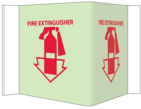 Glow-in-the-Dark FIRE EXTINGUISHER Wall Projection Sign 180° design visible from either side as well as from the front.