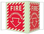 Glow-in-the-Dark FIRE EXTINGUISHER 3-Way Sign 180° design visible from either side as well as from the front.