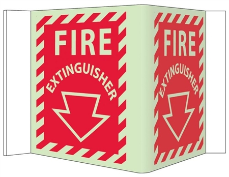 Glow-in-the-Dark FIRE EXTINGUISHER 3-Way Sign 180° design visible from either side as well as from the front.