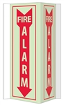 3-Way Glow-in-the-Dark FIRE ALARM Sign 180° design visible from either side as well as from the front.