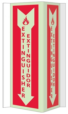 Bilingual 3-Way Glow-in-the-Dark FIRE EXTINGUISHER Sign - 180° design visible from either side as well as from the front.