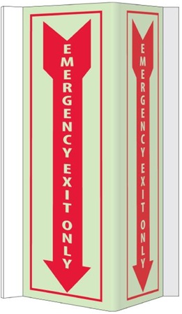 Glow-in-the-Dark EMERGENCY EXIT ONLY 3-Way Sign - 180° design visible from either side as well as from the front.
