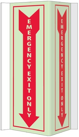 Glow-in-the-Dark EMERGENCY EXIT ONLY 3-Way Sign - 180° design visible from either side as well as from the front.