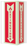 Glow-in-the Dark Spanish Fire Extinguisher 3-Way Sign - 180° design visible from either side as well as from the front.