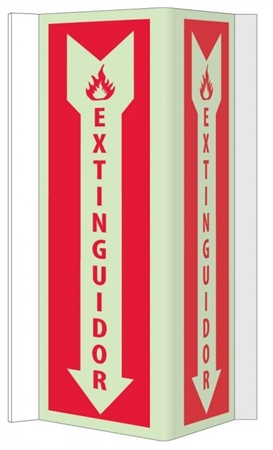 Glow-in-the Dark Spanish Fire Extinguisher 3-Way Sign - 180° design visible from either side as well as from the front.
