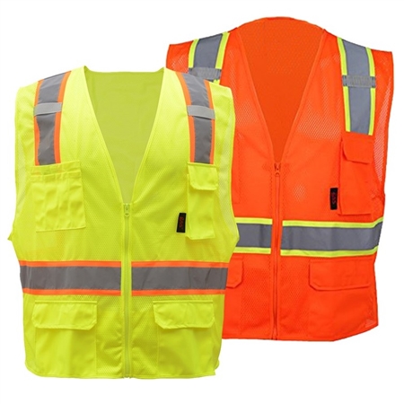 Class 2 Mesh Polyester, Two Tone Reflective Trim, 6 Solid Pocket, Zipper Closure High Visibility Safety Vest - ANSI 107-2010, CLASS 2
