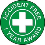 Accident Free Award 1 Year - Hard Hat Labels are constructed from Durable, Pressure Sensitive Vinyl or Engineer Grade Reflective for maximum day or nighttime visibility.