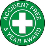 Accident Free Award 5 Year - Hard Hat Labels are constructed from Durable, Pressure Sensitive Vinyl or Engineer Grade Reflective for maximum day or nighttime visibility.