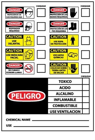Spanish PPE Chemical ID Hazard Labels - 10 X 14 Pressure Sensitive or Plastic Individual Signs
