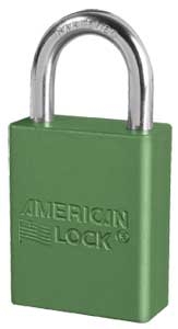 Green, American Lock A1105GRN Lockout Padlock- Green color coded anodized aluminum padlock - 1 inch hardened steel chrome plated shackle.