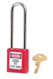 Red, Master™ Lock 410LTRED Series Lockout Padlock - Extra Length 3" Shackle Clearance.