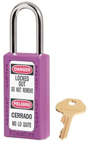 Purple, Master™ Lock 411PRP Safety Series Lockout Padlock - 1-1/2 inch Shackle Clearance, Bilingual Safety Padlock