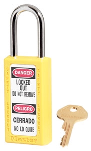 Master™Lock 411 Yellow Safety Lockout Padlock - 1-1/2 inch Shackle Clearance, Bilingual Safety Padlock