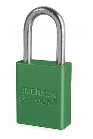 Green, American Lock A1106GRN Lockout Padlock - Green anodized aluminum padlock - 1-1/2 inch hardened steel chrome plated shackle.