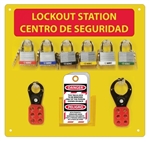 Bilingual 6 Padlock Lockout Center - 10 Lockout tag, 6 3/4 inch master Lock Safety Lockout, 2 Hasps (1 and 1.5 inch)