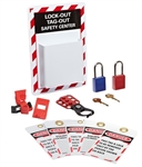 Micro Lockout Center - OSHA Polystyrene Circuit Breaker Lock Out Center Contains (5) Lockout Tags, (1) 1"  Multi Lock Hasp (2) 1-3/4" Padlocks, (1) 7256 120/277V Clamp-On Breaker Lockout-Cleat, Red