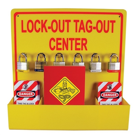 6 Padlocks, 10 Lockout Tags, 1 Lockout Safety Awareness Handbook, Lock Out Stations - Heavy Duty 16 X 16 yellow acrylic plastic panel.