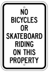 NO BICYCLES OR SKATEBOARD RIDING ON THIS PROPERTY Sign - 12 X 18 – Reflective .080 Aluminum, visible day or night. Top and Bottom mounting holes.