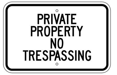 PRIVATE PROPERTY NO TRESPASSING Sign - 12 X 18 – Reflective .080 Aluminum, visible day or night. Top and Bottom mounting holes.