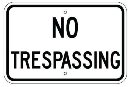 Reflective NO TRESPASSING Sign - 12 X 18 – .080 Aluminum, visible day or night. Top and Bottom mounting holes.