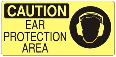 CAUTION EAR PROTECTION AREA (Picto) Sign, Choose from 5 X 7 or 7 X 17 Pressure Sensitive Vinyl, Plastic or Aluminum.