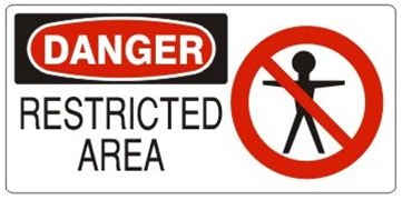 DANGER RESTRICTED AREA (w/graphic) Sign, Choose from 5 X 12 or 7 X 17 Pressure Sensitive Vinyl, Plastic or Aluminum.