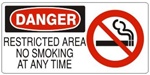 DANGER RESTRICTED AREA, NO SMOKING ANY TIME (w/graphic) Sign, Choose from 5 X 12 or 7 X 17 Pressure Sensitive Vinyl, Plastic or Aluminum.