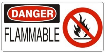 DANGER FLAMMABLE (w/graphic) Sign, Choose from 5 X 12 or 7 X 17 Pressure Sensitive Vinyl, Plastic or Aluminum.