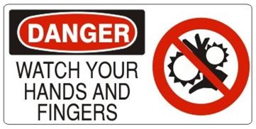 DANGER WATCH YOUR HANDS AND FINGERS (w/graphic) Sign, Choose from 5 X 12 or 7 X 17 Pressure Sensitive Vinyl, Plastic or Aluminum.