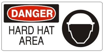 DANGER HARD HAT AREA (w/graphic) Sign, Choose from 5 X 12 or 7 X 17 Pressure Sensitive Vinyl, Plastic or Aluminum.