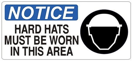 NOTICE HARD HATS MUST BE WORN IN THIS AREA (Picto) Sign, Choose from 5 X 12 or 7 X 17 Pressure Sensitive Vinyl, Plastic or Aluminum.
