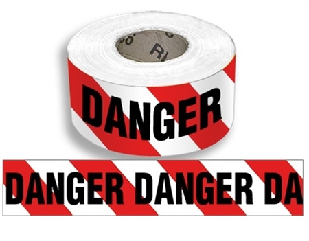 Danger on Red & White Alternating Striped Barricade Tape - 3 in. X 1000 ft. lengths - Durable 3 Mil. Polyethylene