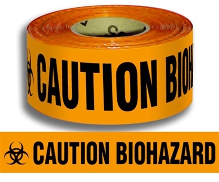 Caution Biohazard Barricade Tape - 3 in. X 1000 ft. lengths - 4 mil. Orange Durable Polyethylene