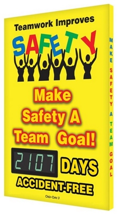 Teamwork Improves Safety, Make Safety A Team Goal Digital Safety Scoreboard, Track of Accident Free Days, 28 X 20, Aluminum