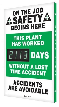 On The Job Safety Begins Here, This Plant Has Worked XXX Days Without A Lost Time Accident Digital Safety Scoreboard, 28 X 20, Aluminum