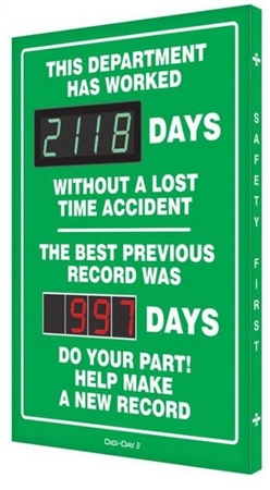 This Department Has Worked XXX Days Without A Time Lost Time Accident, The Previous Record Was XXX Days Auto Count, Digital Safety Scoreboard, 28 X 20, Aluminum