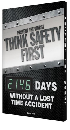 Prevent The Worst, Think Safety First, XXX Days Worked Without A Lost Time Accident Digital Safety Scoreboard, 28 X 20, Aluminum