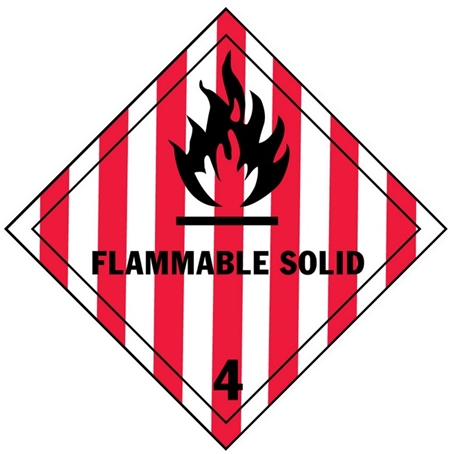 FLAMMABLE SOLID CLASS 4 Shipping Label 4 X 4 – Choose a Package of 10 Pressure Sensitive Vinyl or Rolls of 500 Paper Labels