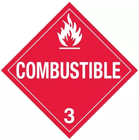 COMBUSTIBLE CLASS 3 Shipping Label 4 X 4 - Choose Package of 10 Pressure Sensitive Vinyl or Roll of 500 Paper Labels