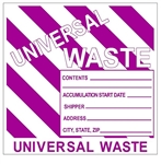 STRIPED UNIVERSAL WASTE Labels 6 X 6 - Choose Package of 25 Pressure Sensitive Vinyl or Roll of 500 Self Adhesive Paper or Vinyl Labels