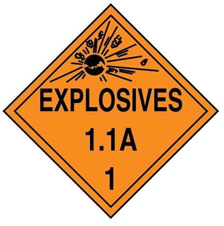EXPLOSIVE 1.1A CLASS 1 Shipping Label 4 X 4 - Choose Package of 10 Pressure Sensitive Vinyl or Roll of 500 Paper Labels
