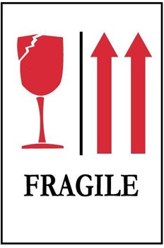 Fragile with Glass and Arrows - International Shipping Labels, 4 X 4 Pressure sensitive paper labels 500/roll