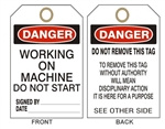 DANGER WORKING ON MACHINE DO NOT START - Accident Prevention Tags - 6" X 3" Choose Card Stock or Rigid Vinyl