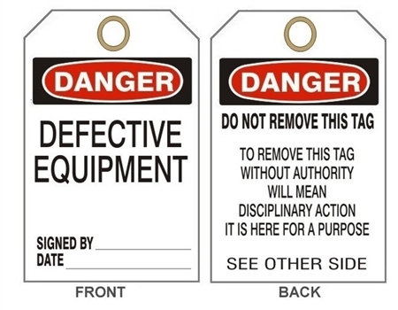 DANGER DEFECTIVE EQUIPMENT, Accident Prevention Tags - 6" X 3" Choose from Card Stock or Rigid Vinyl