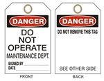 DANGER DO NOT OPERATE MAINTENANCE DEPARTMENT TAG - Accident Prevention Tags - 6" X 3" Card Stock or Rigid Vinyl