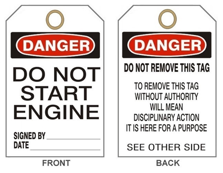 DANGER DO NOT START ENGINE - Accident Prevention Tags - 6" X 3" Choose Card Stock or Rigid Vinyl